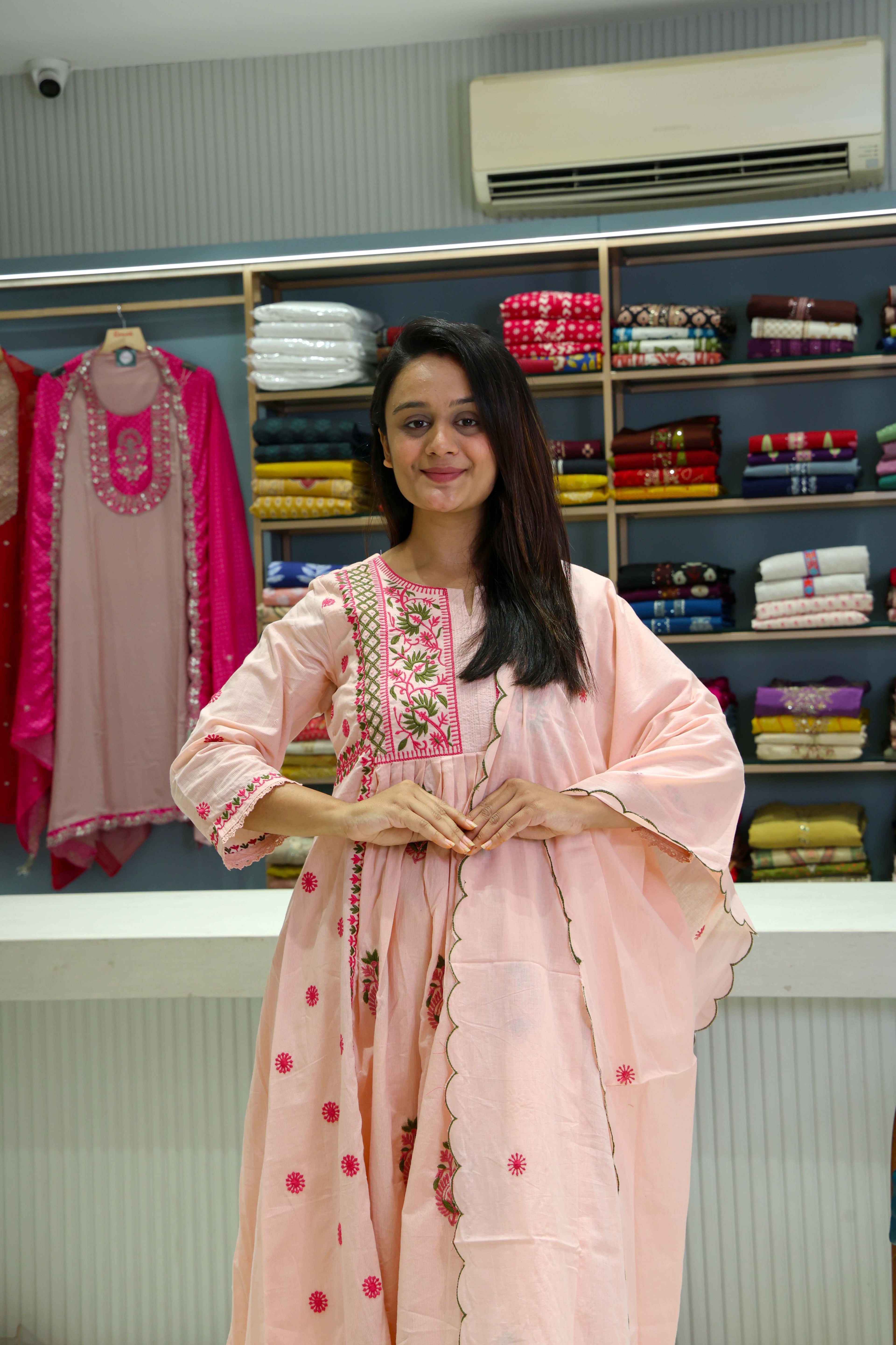 Pure Cotton Salli Thread Work Anarkali Suit