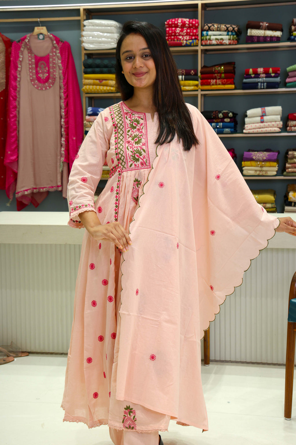 Pure Cotton Salli Thread Work Anarkali Suit