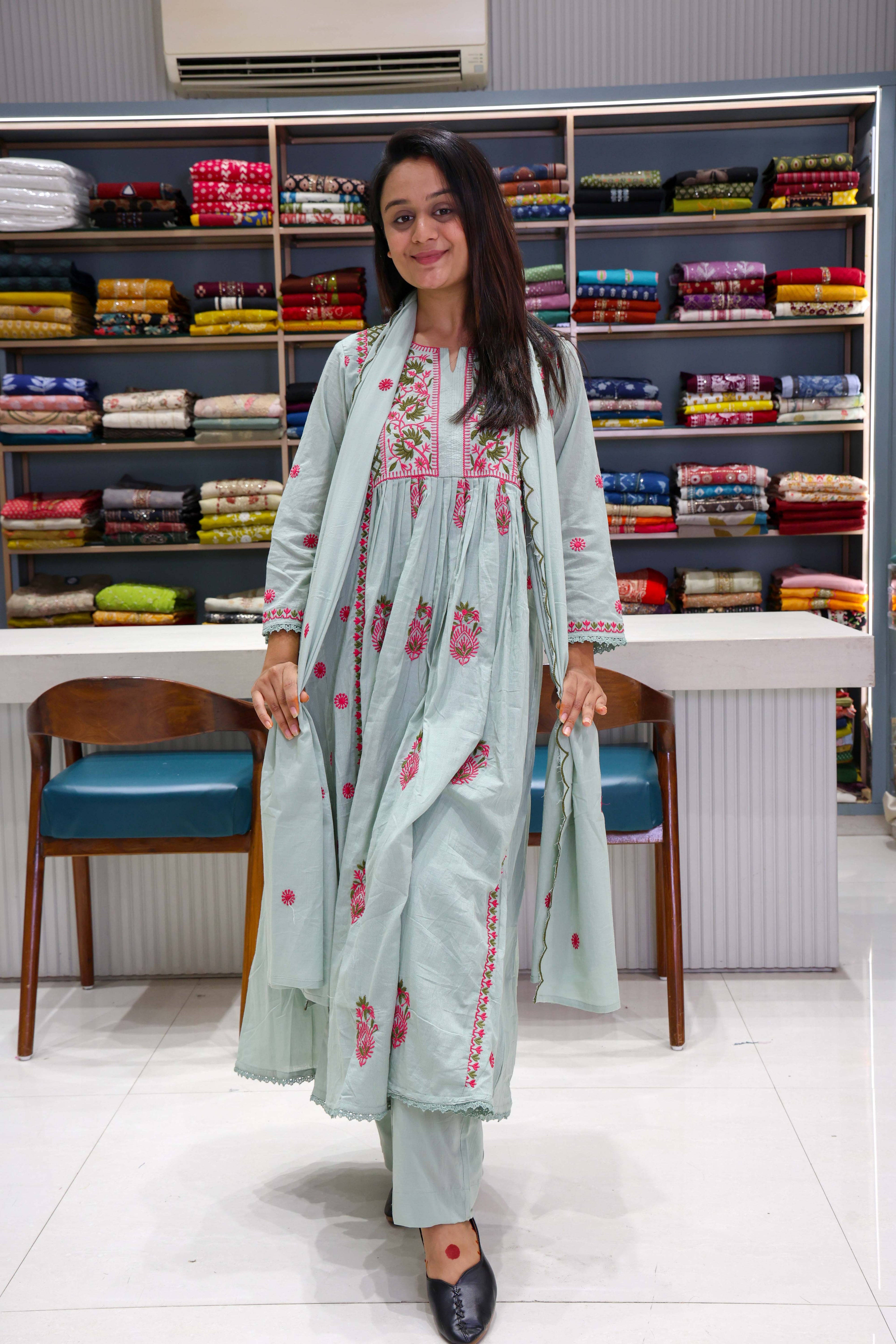 Pure Cotton Salli Thread Work Anarkali Suit