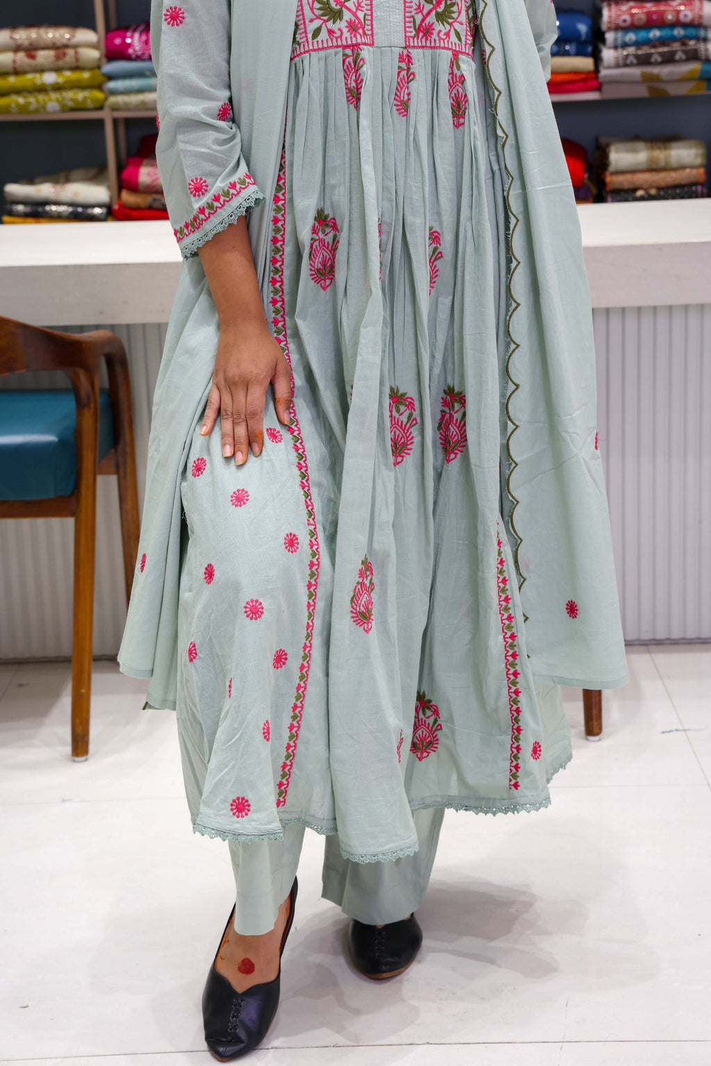 Pure Cotton Salli Thread Work Anarkali Suit