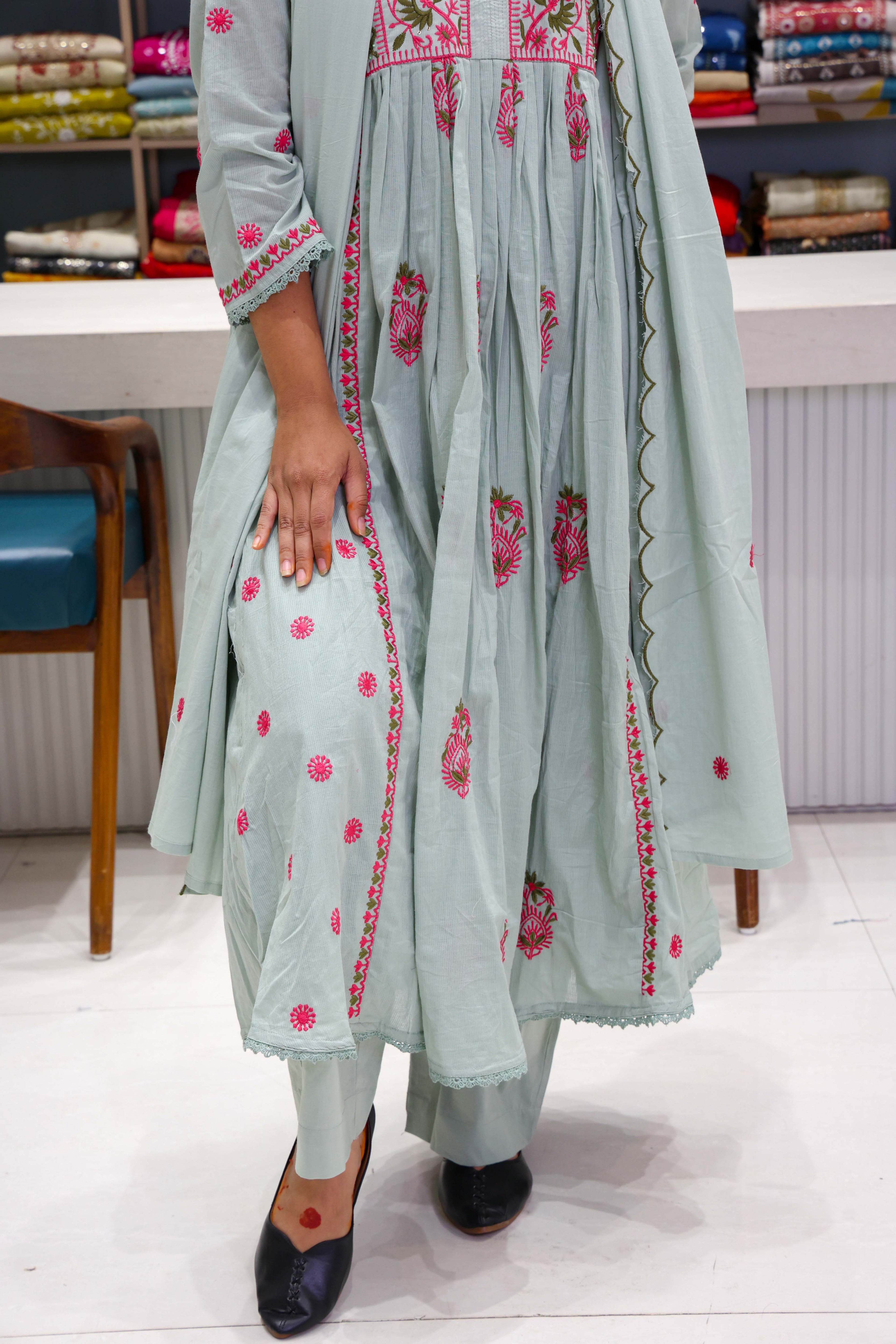 Pure Cotton Salli Thread Work Anarkali Suit