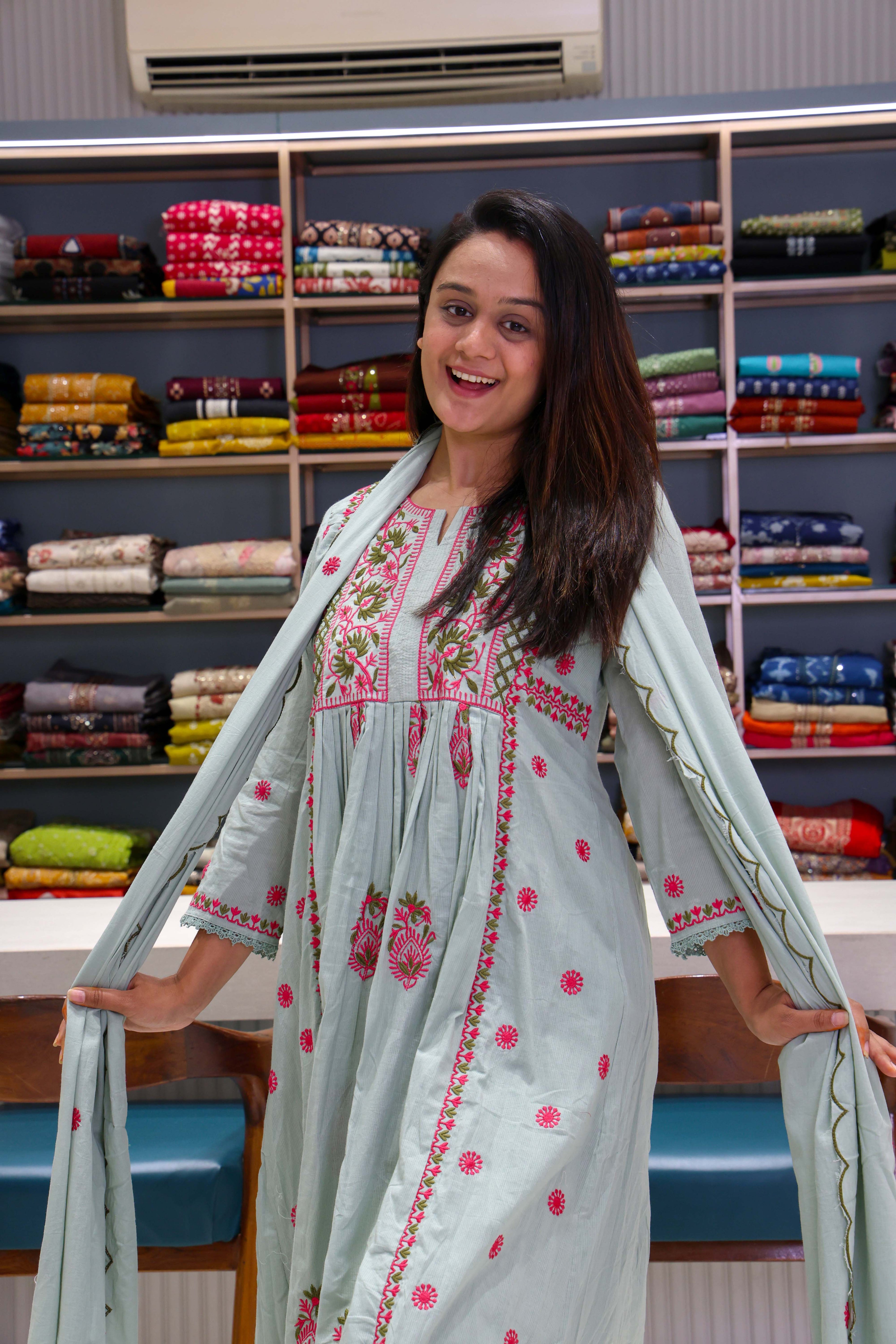 Pure Cotton Salli Thread Work Anarkali Suit