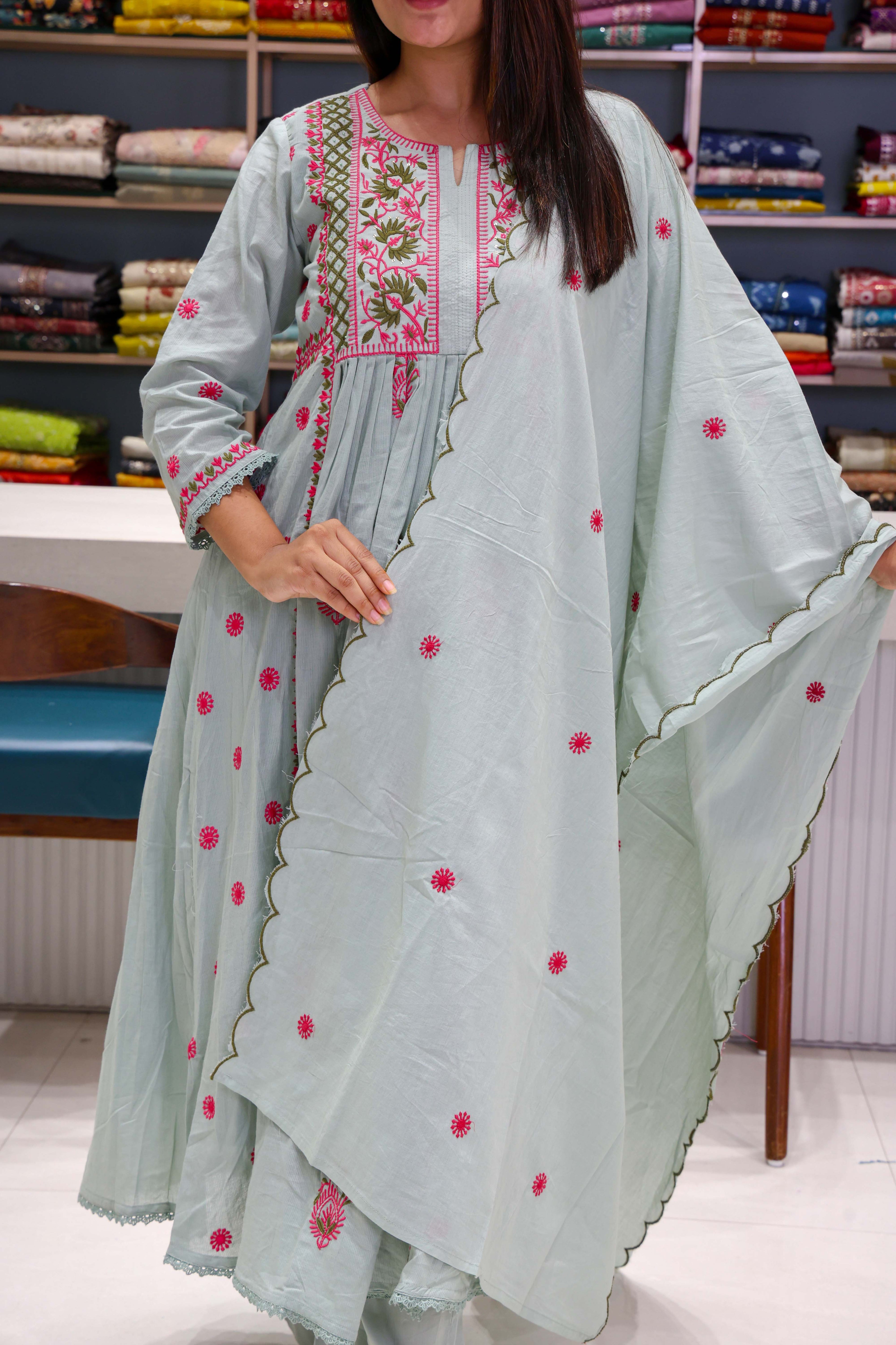 Pure Cotton Salli Thread Work Anarkali Suit